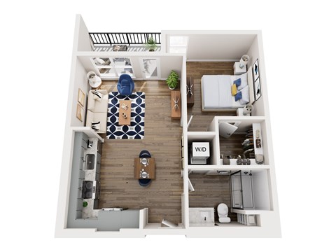 A top down view of a small apartment with a kitchen, living room, and bathroom.
